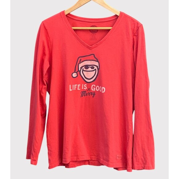 Life is Good Merry Santa Hat Red V-Neck Long Sleeve Holiday Christmas Shirt - Picture 1 of 5